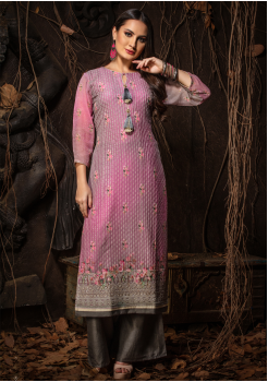 Pink Color Designer Georgette Straight Cut Kurti